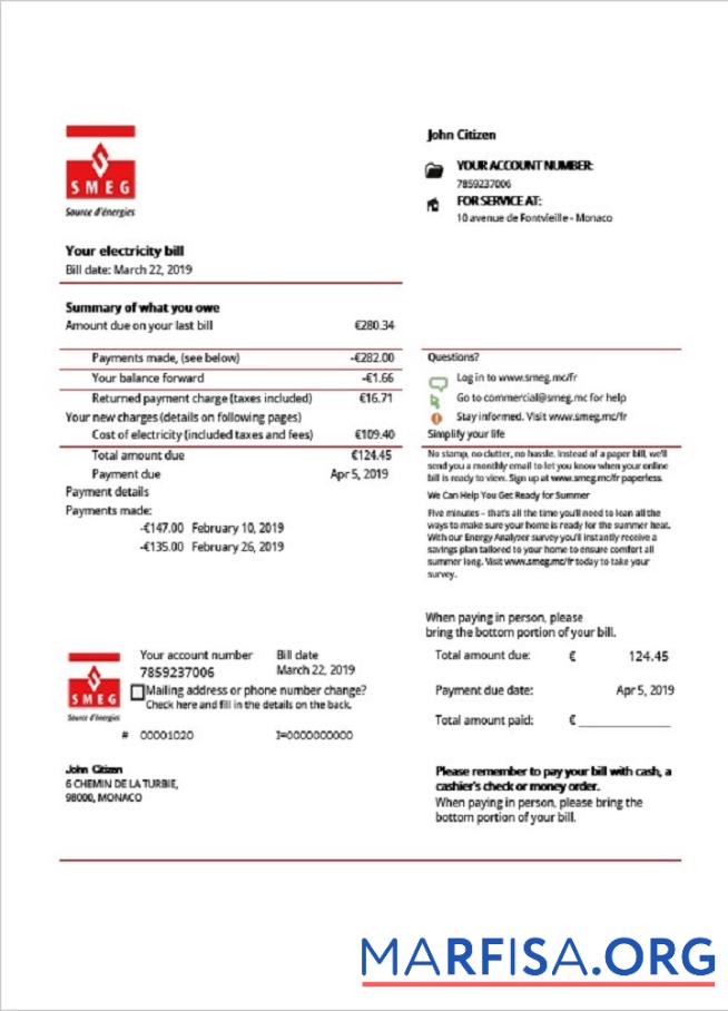 Printable Monaco SMEG electricity utility bill template in Word and PDF format